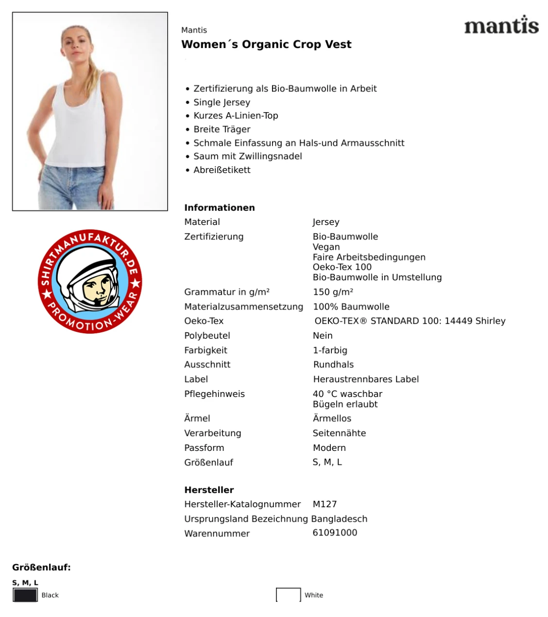Mantis Womens Organic Crop Vest