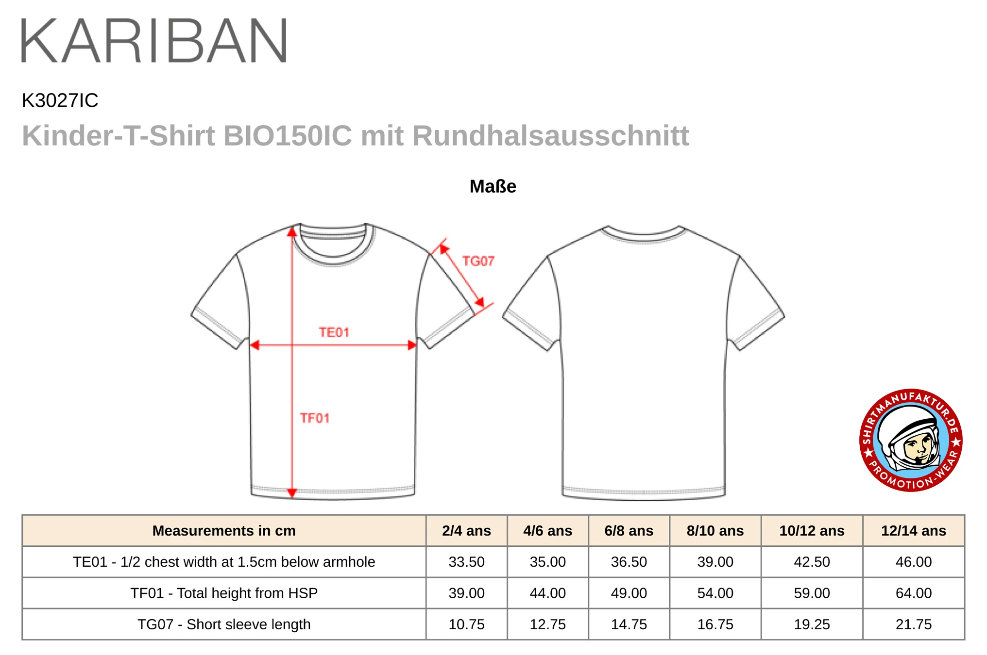 Kariban Kids Organic T-Shirt 150 IC