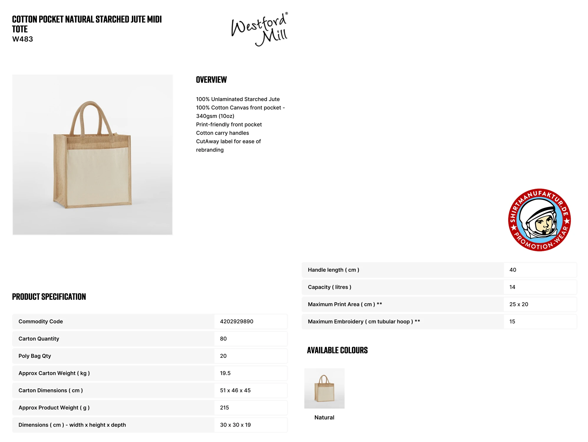 Westford Mill Cotton Pocket Natural Starched Jute Midi Bag