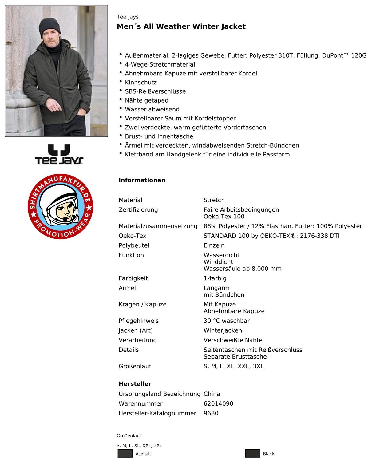 Tee Jays Mens All Weather Winter Jacket