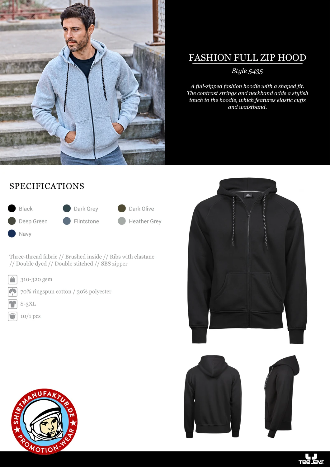 Tee Jays Mens Fashion Full Zip Hood