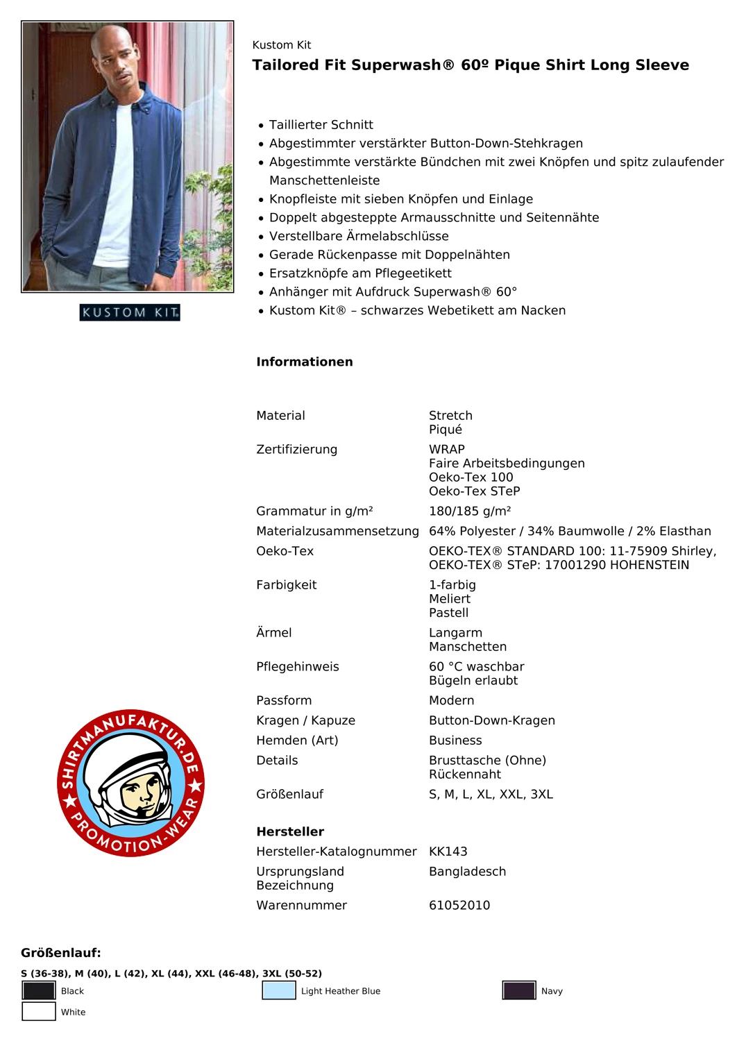 Kustom Kit Tailord Fit Piqué Shirt Longsleeve