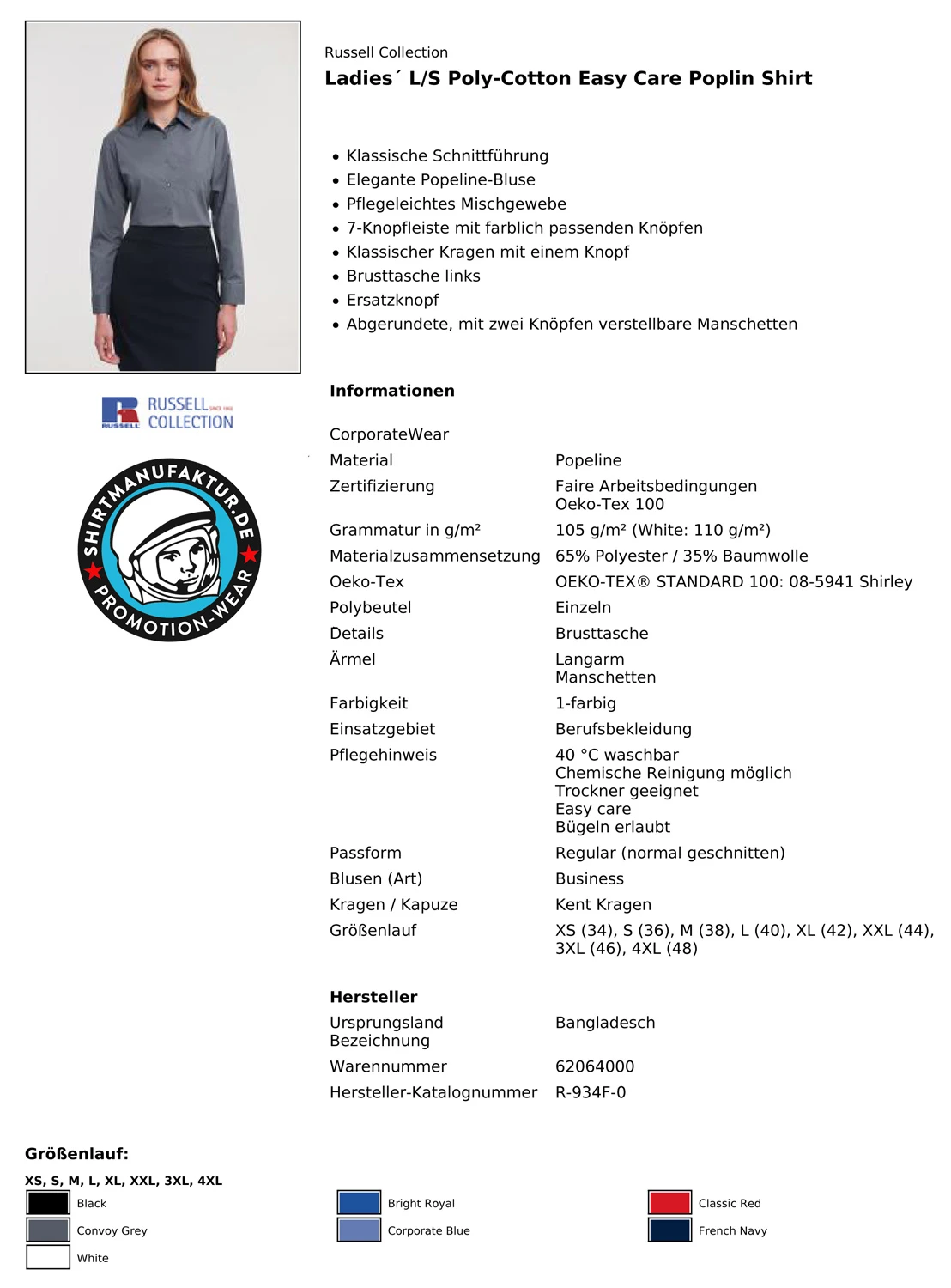 Russell Ladies Poly-Cotton Longsleeve Poplin Blouse