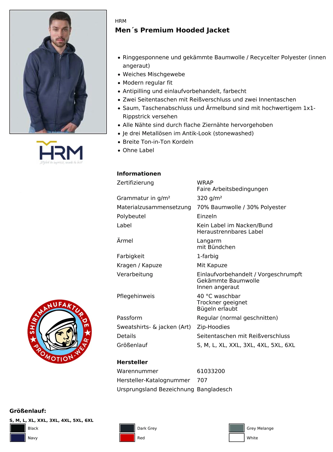 HRM Mens Premium Hooded Jacket