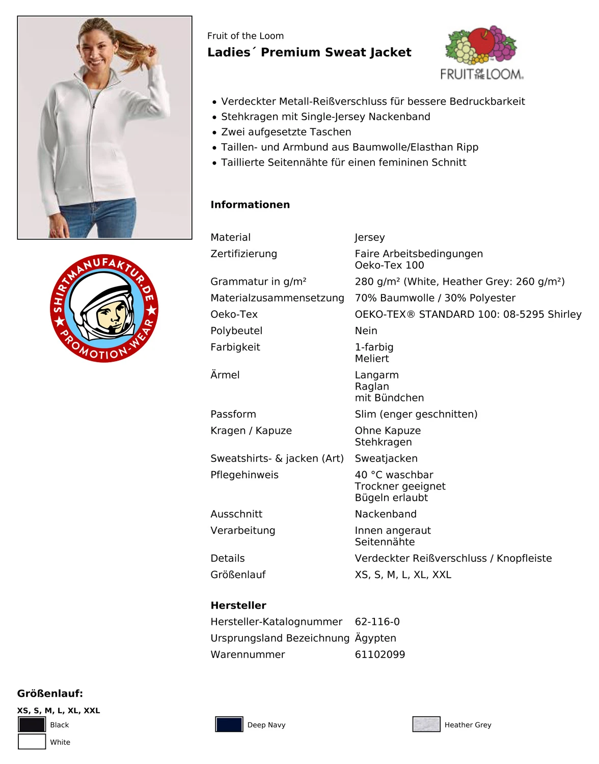 Fruit of the Loom Ladies Premium Sweat Jacket