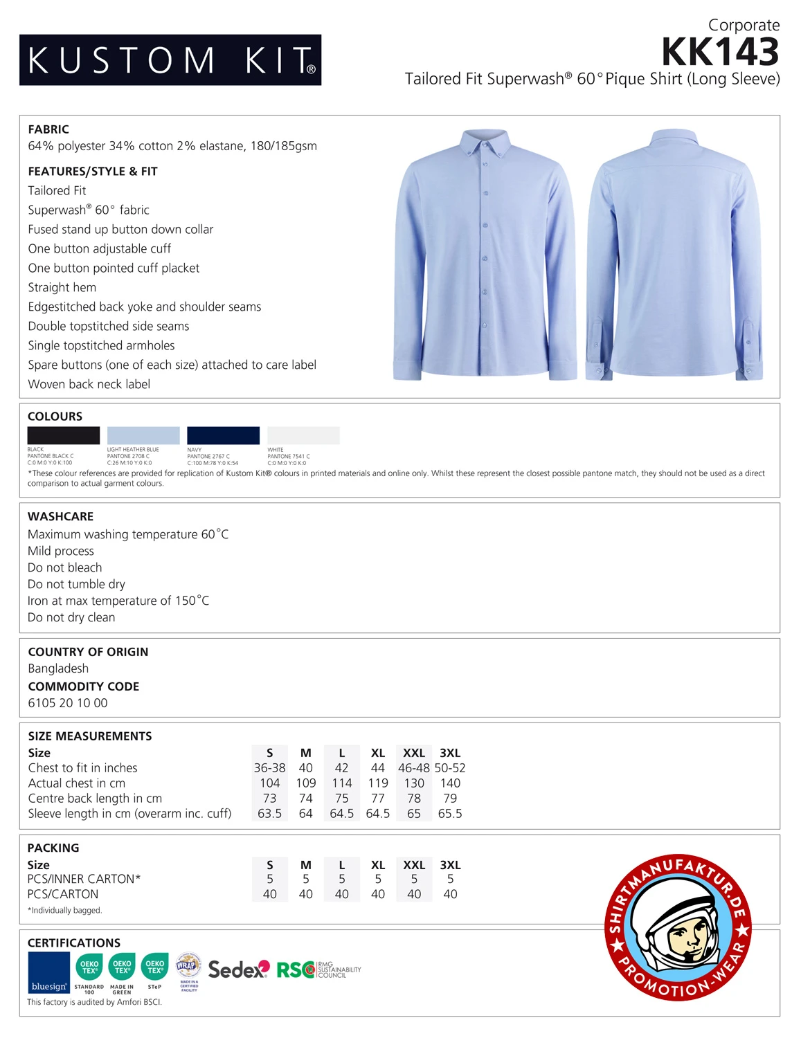 Kustom Kit Tailord Fit Piqué Shirt Longsleeve