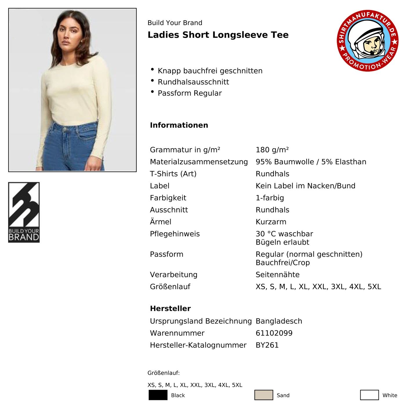 Build Your Brand Ladies Short Longsleeve Tee