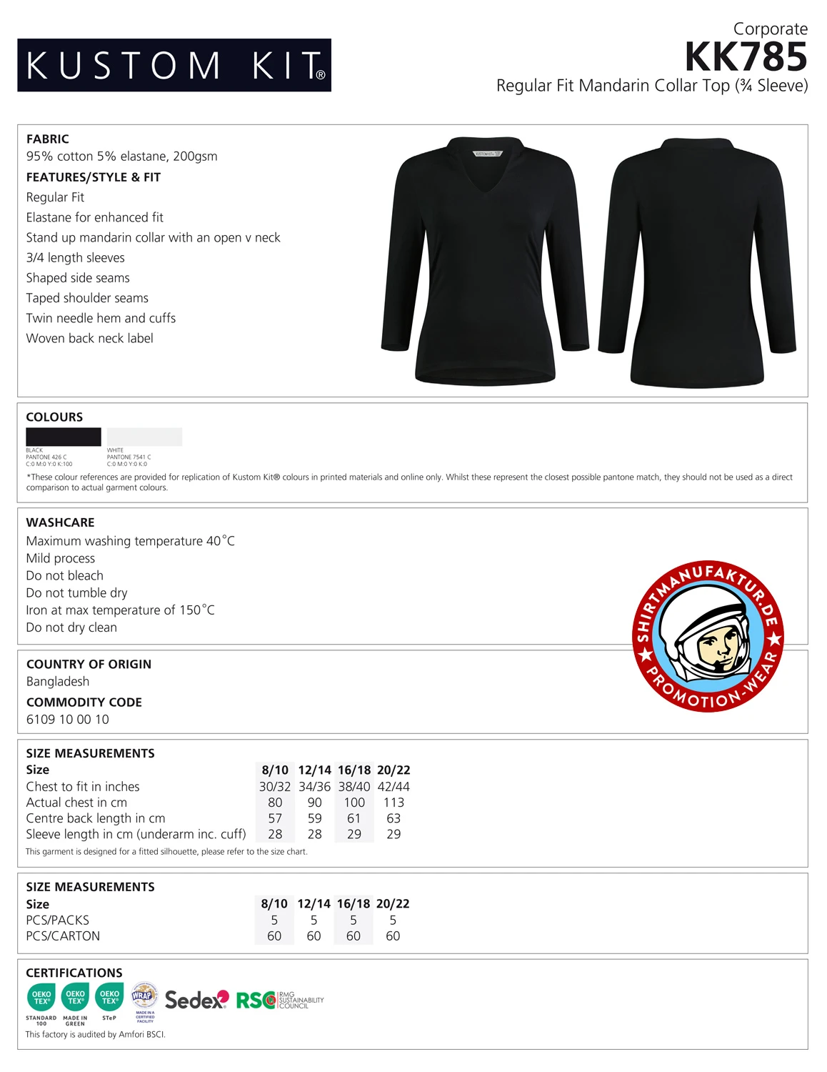 Kustom Kit Womens Mandarin Collar Top 3/4 Sleeve