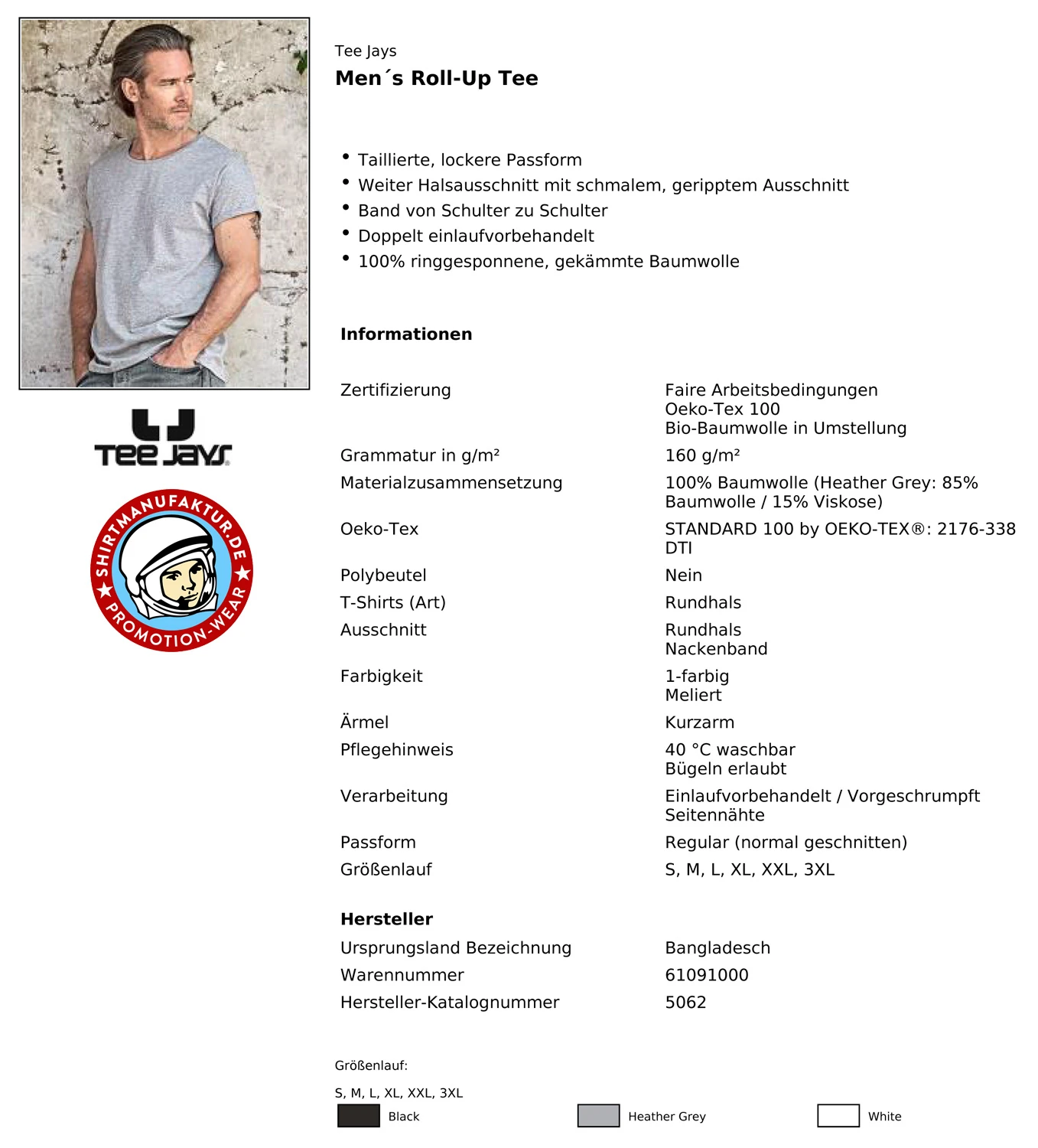 Tee Jays Mens Roll-Up Tee