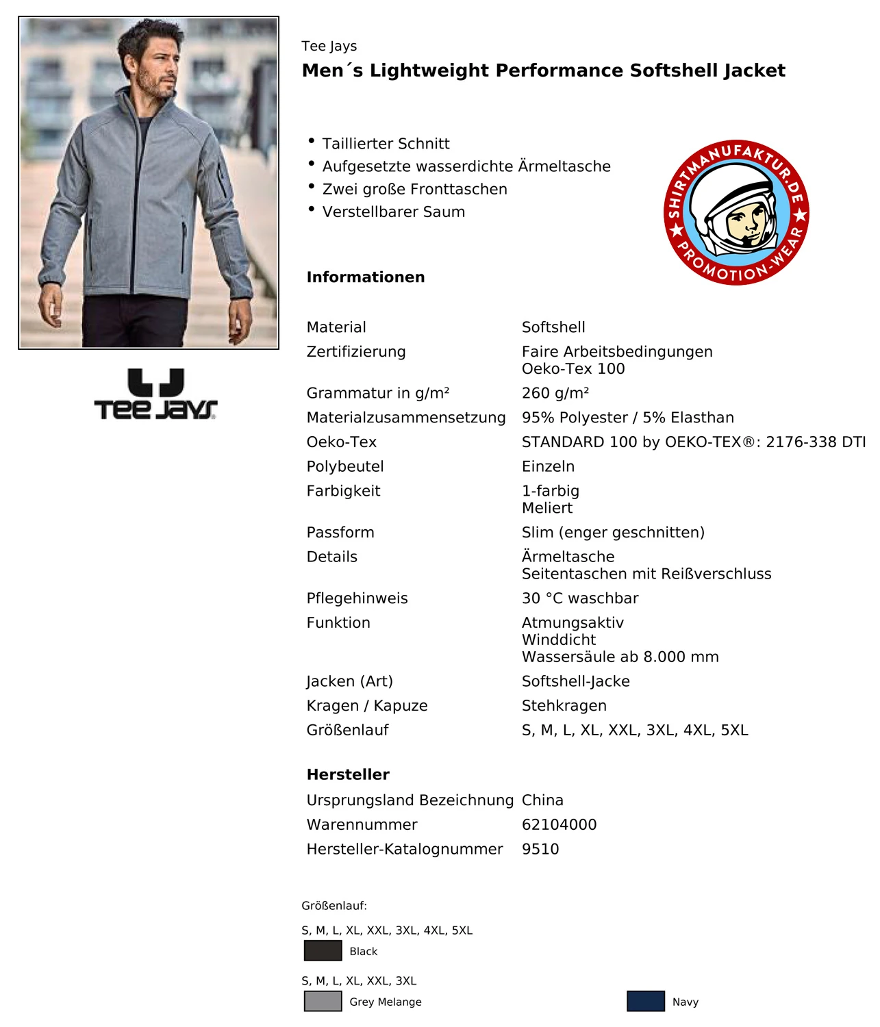 Tee Jays Mens Lightweight Performance Softshell Jacket