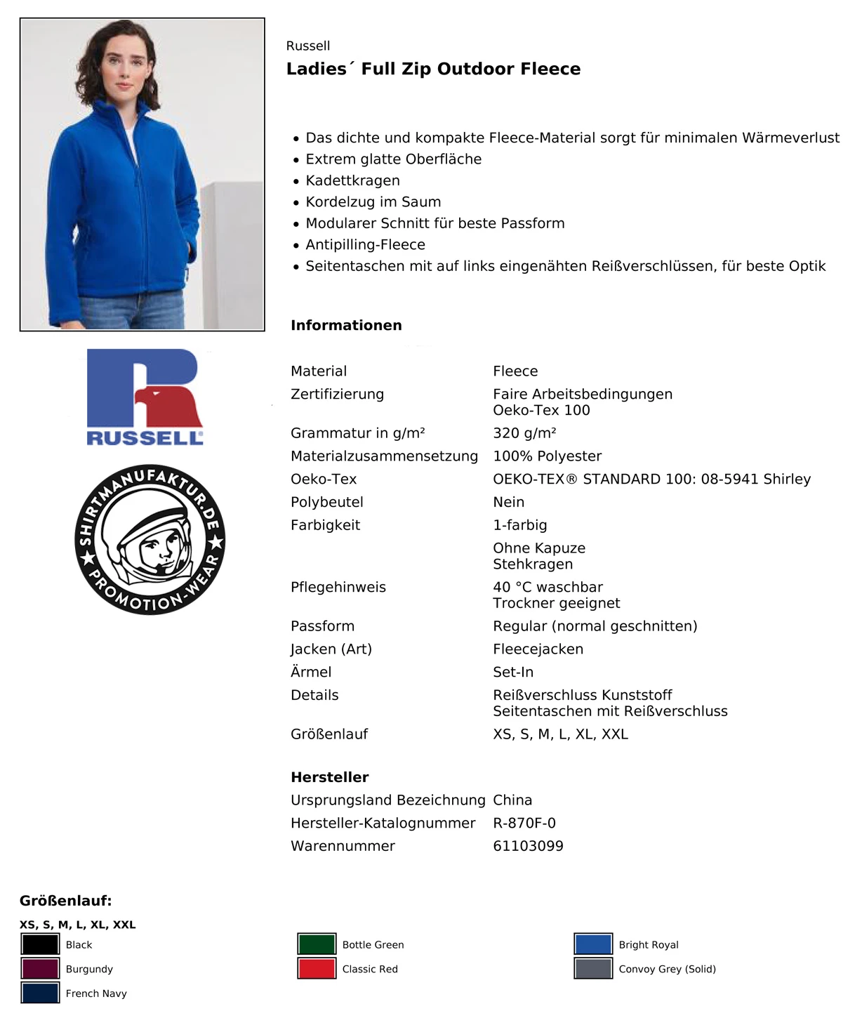 Russell Ladies Full Zip Outdoor Fleece