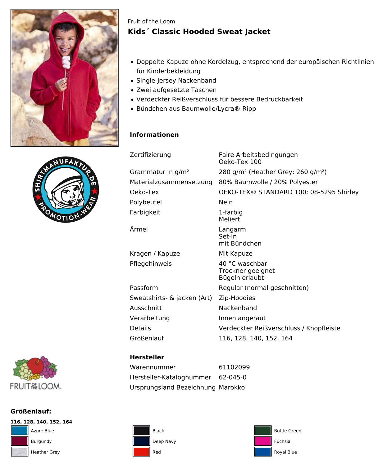 Fruit of the Loom Kids Classic Hooded Sweat Jacket