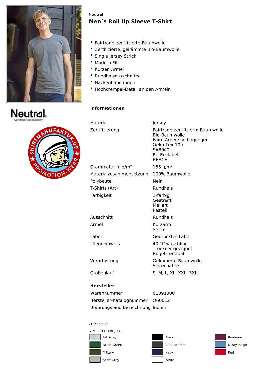 Neutral Mens Roll Up Sleeve T-Shirt