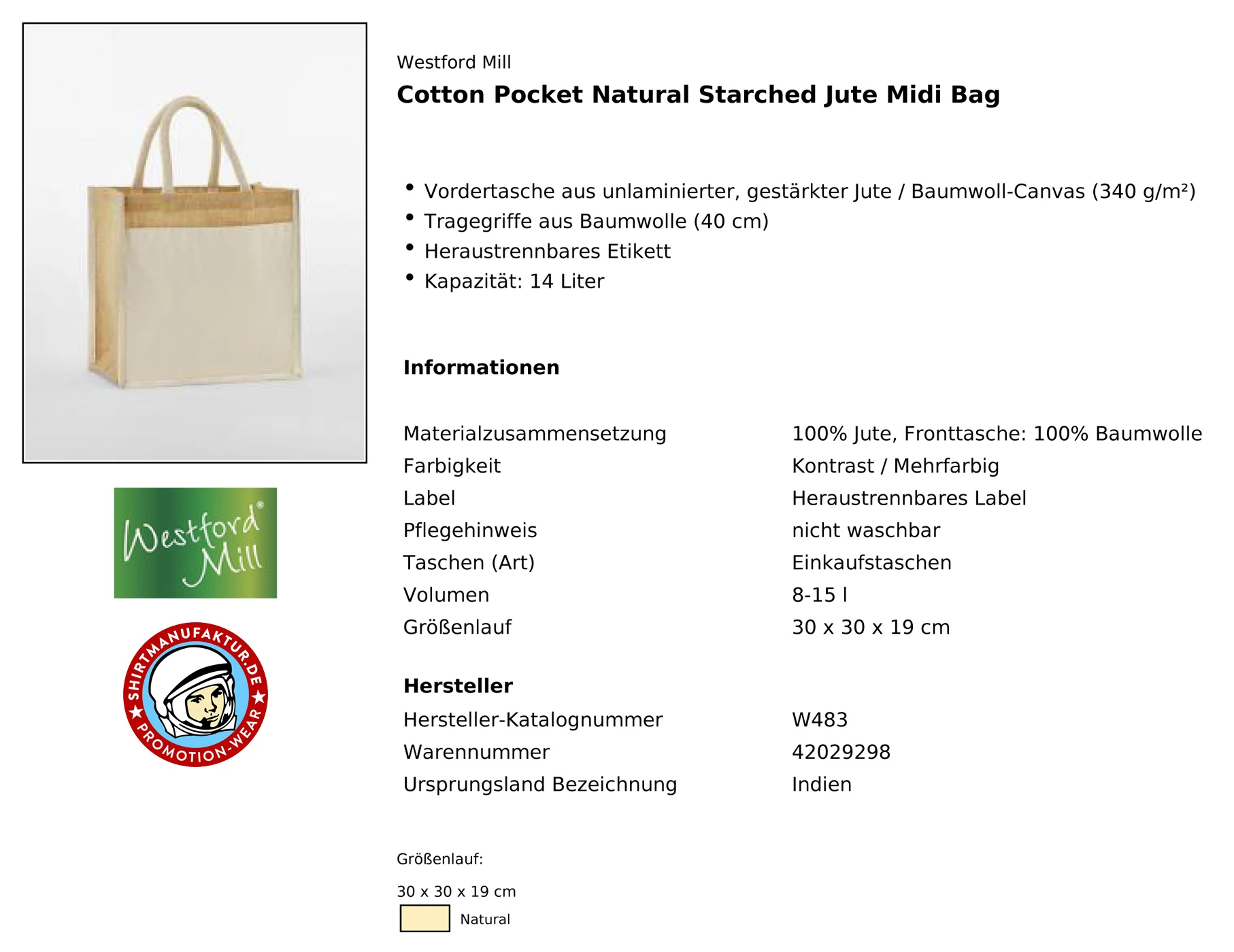 Westford Mill Cotton Pocket Natural Starched Jute Midi Bag