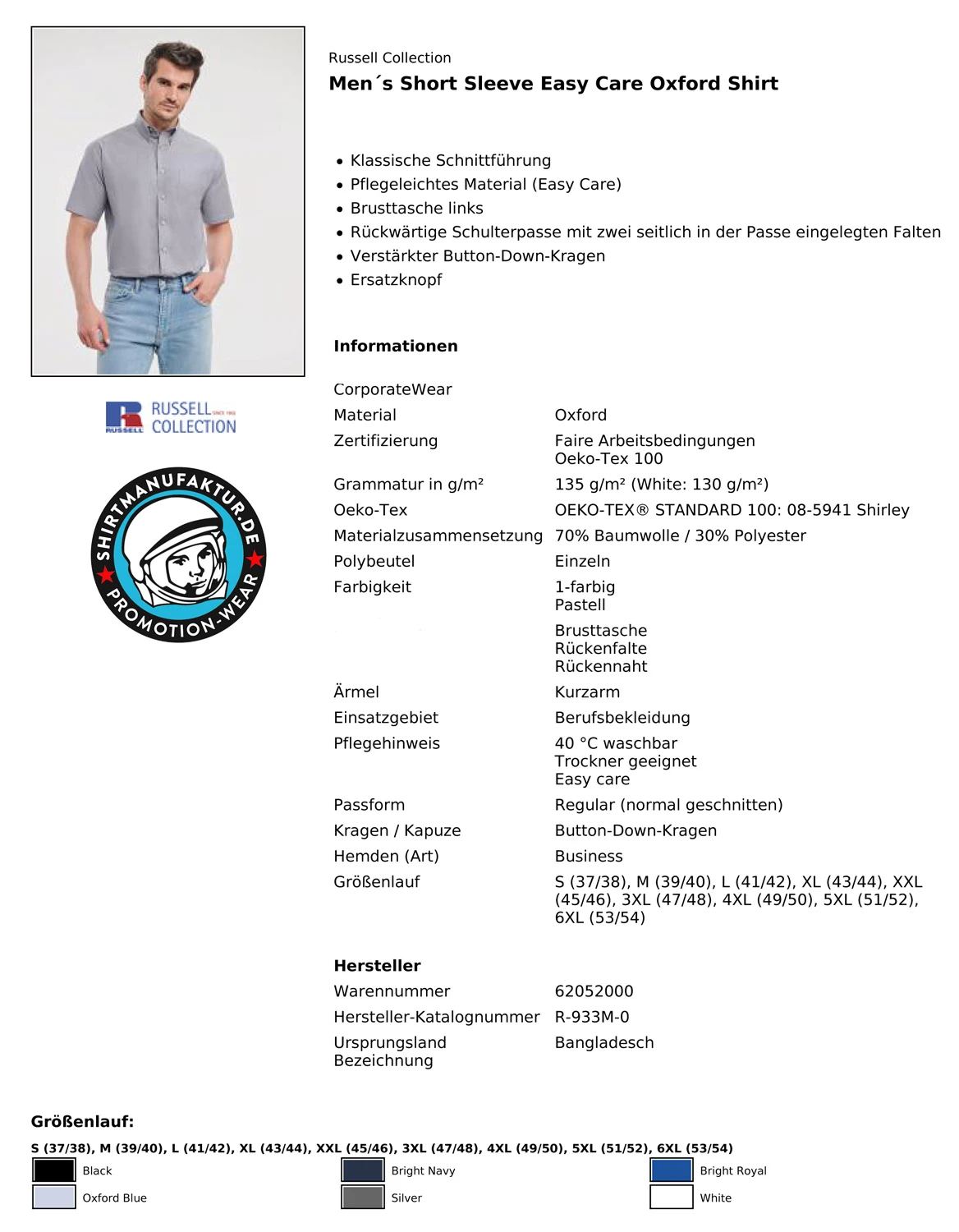 Russell Mens Short Sleeve Oxford Shirt