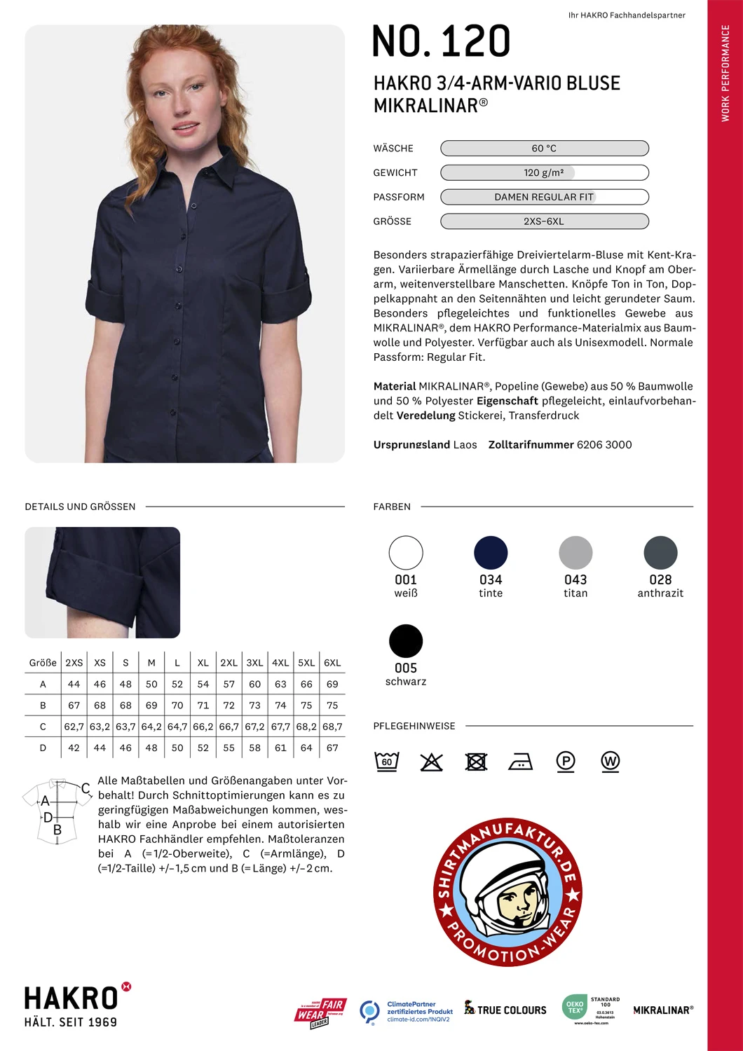 Hakro Ladies 3/4 Sleeve Vario Blouse Mikralinar
