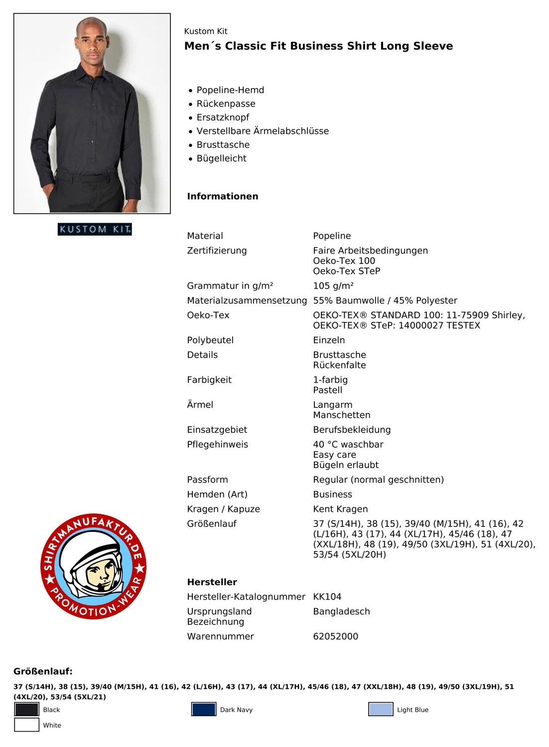 Kustom Kit Business Shirt Longsleeve