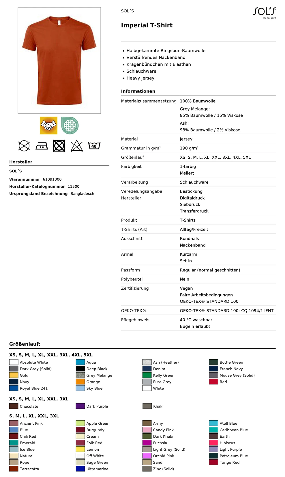 Sol's 11500, Imperial T-Shirt, data sheet