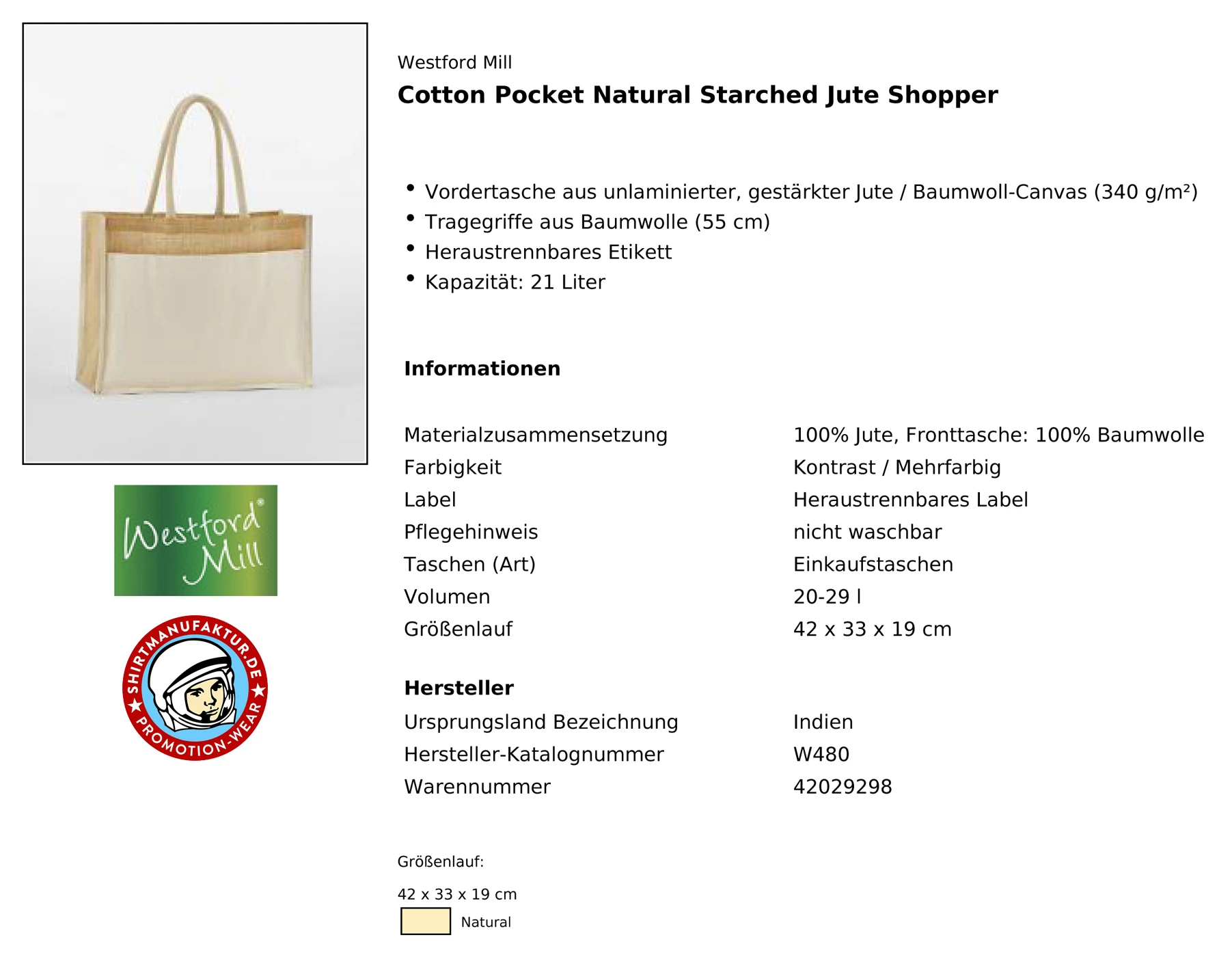 Westford Mill Cotton Pocket Natural Starched Jute Shopper