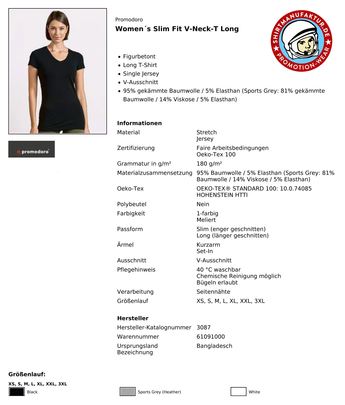 Promodoro Womens Slim Fit V-Neck-T Long