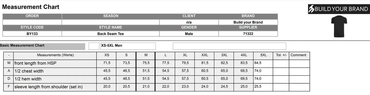 Build Your Brand, Back Seam Tee BY133, Size-Chart