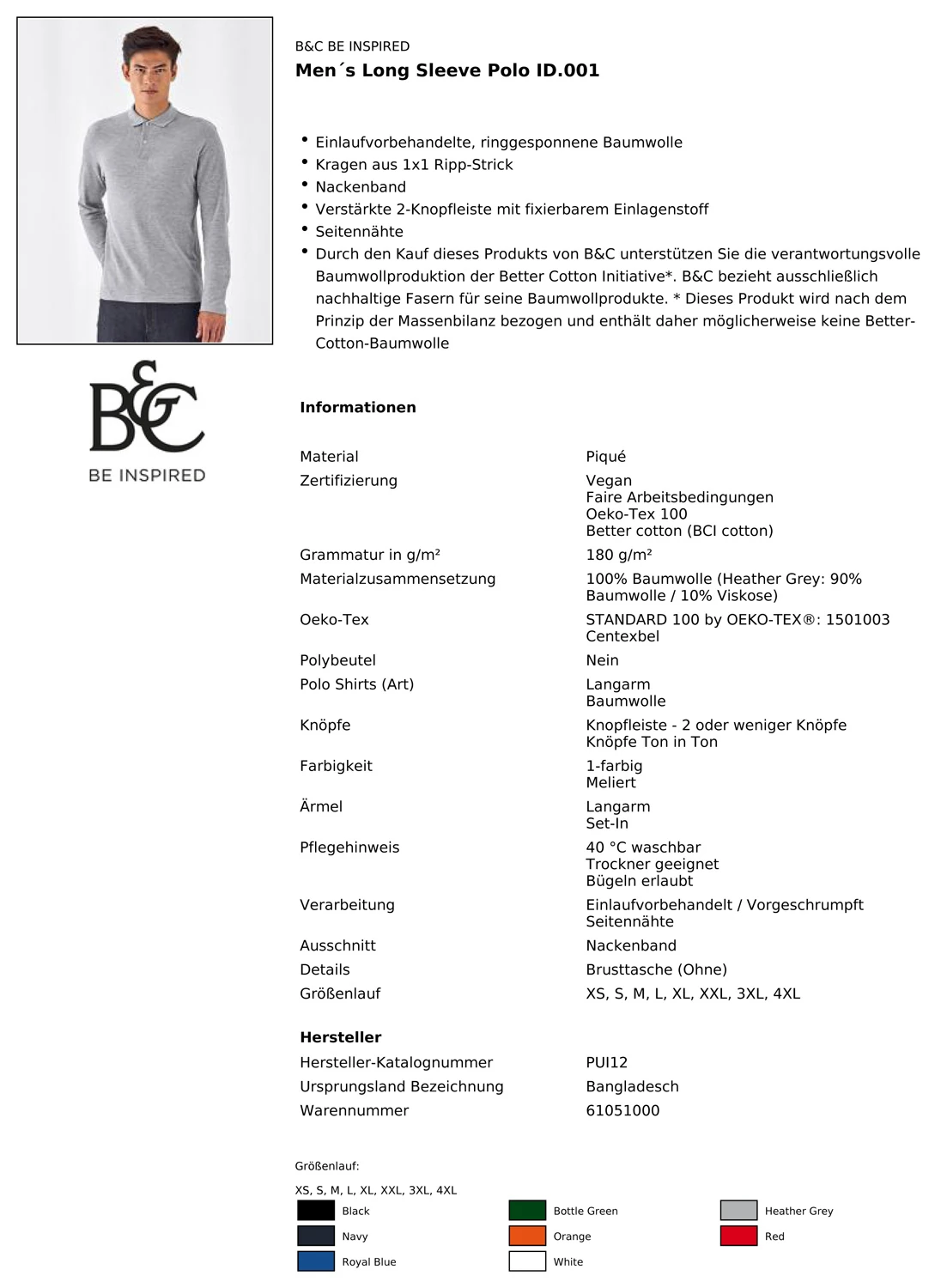 B&C Mens Longsleeve Polo ID.001