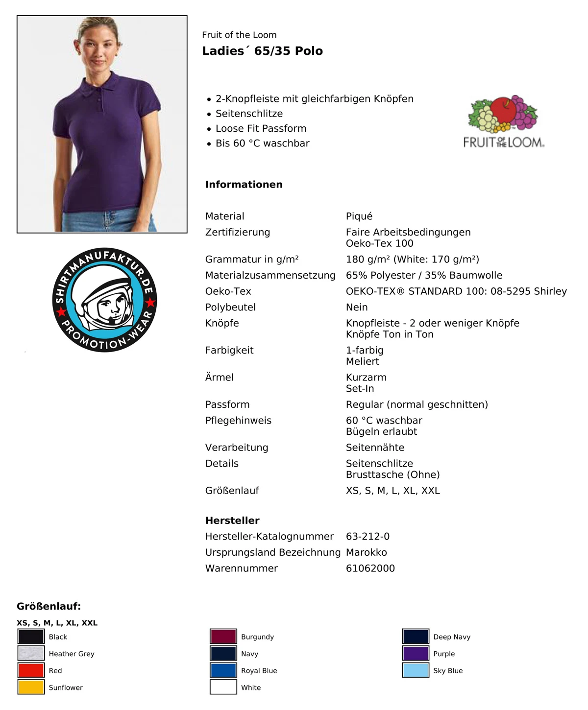 Fruit of the Loom Ladies 65/35 Polo