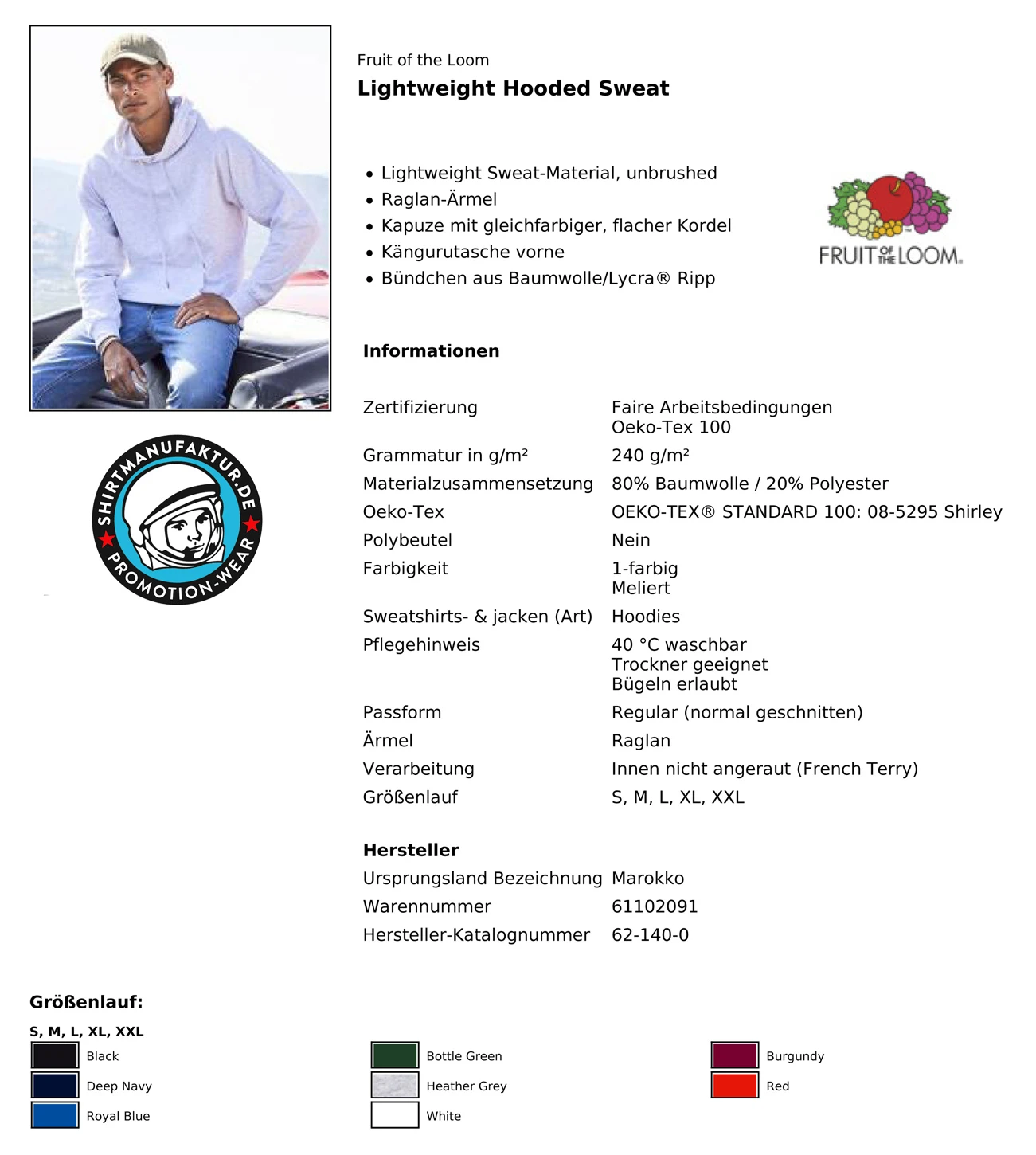 Fruit of the Loom Lightweight Hooded Sweat