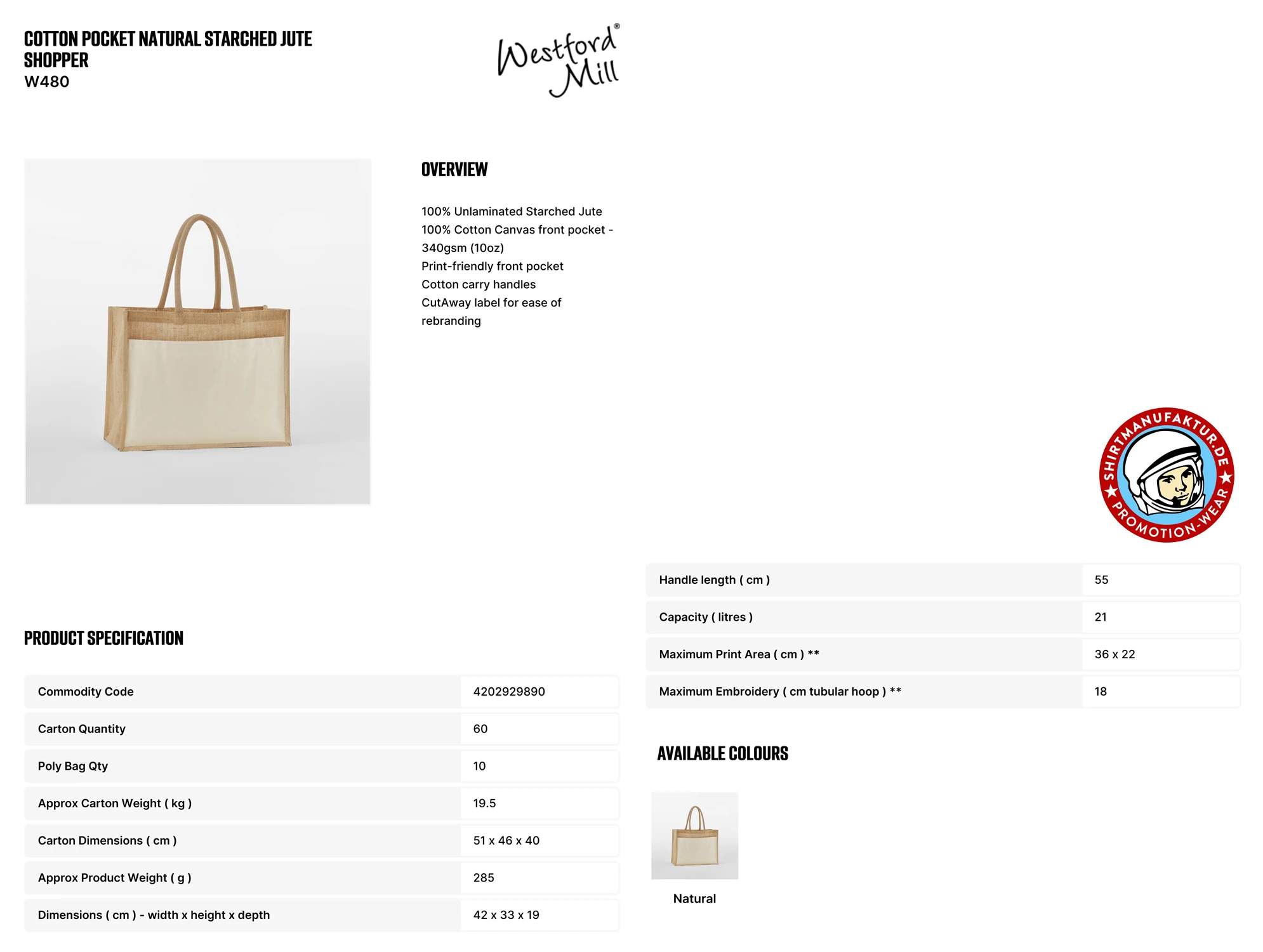 Westford Mill Cotton Pocket Natural Starched Jute Shopper