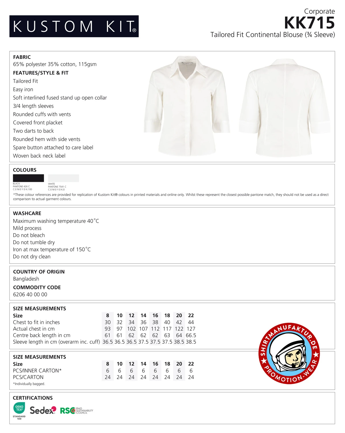 Kustom Kit Womens Continental Blouse 3/4 Sleeve