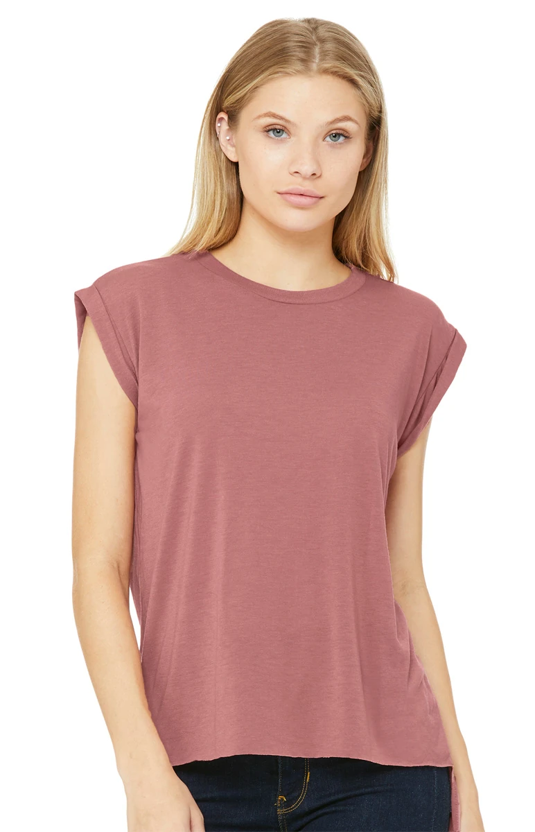Bella Womens Flowy Muscle Tee With Rolled Cuff