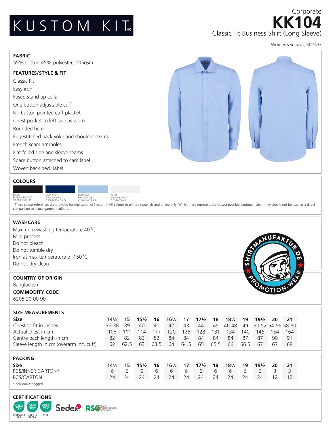 Kustom Kit Business Shirt Longsleeve