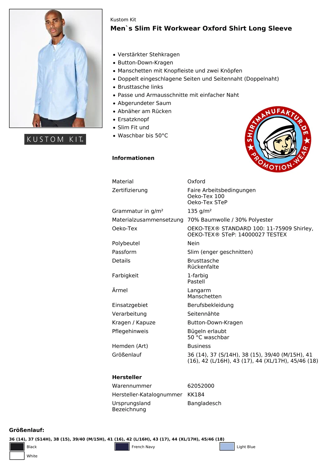 Kustom Kit Slim Fit Workwear Oxford Shirt Longsleeve