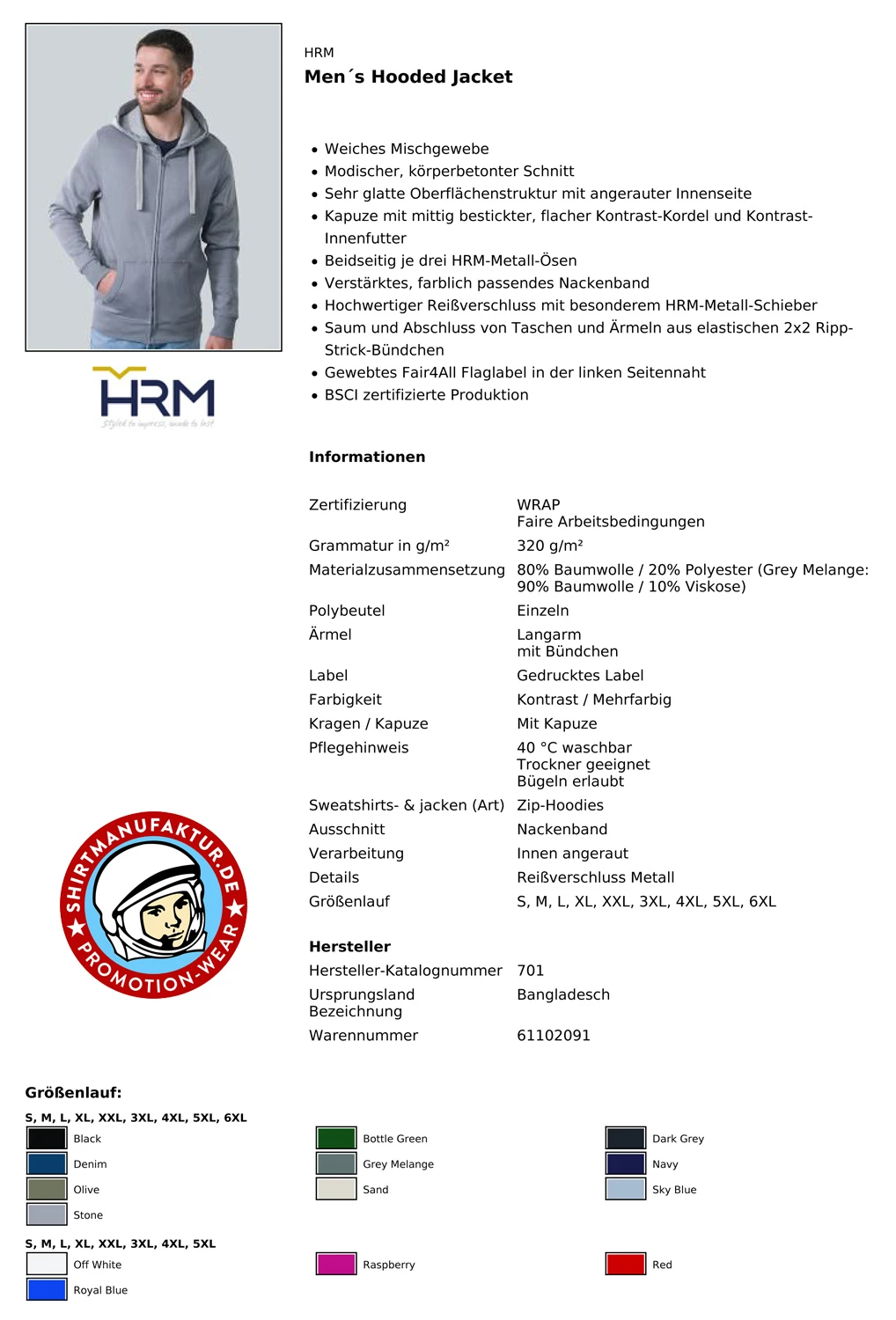 HRM Mens Hooded Jacket