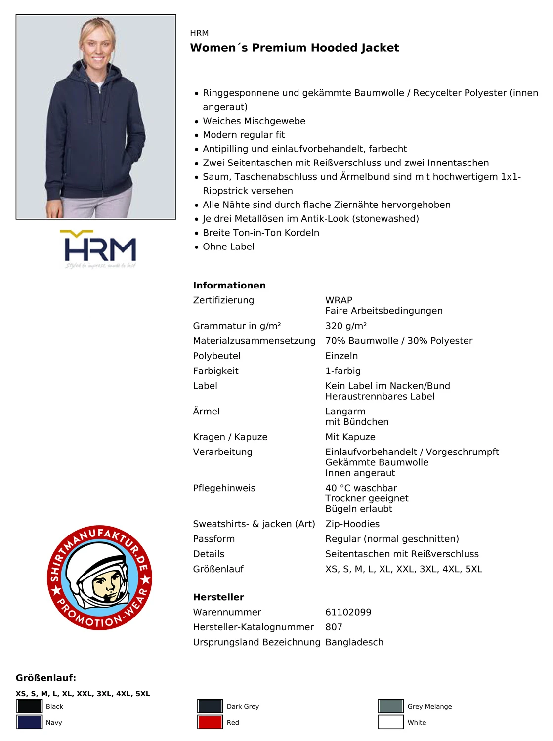 HRM Womens Premium Hooded Jacket