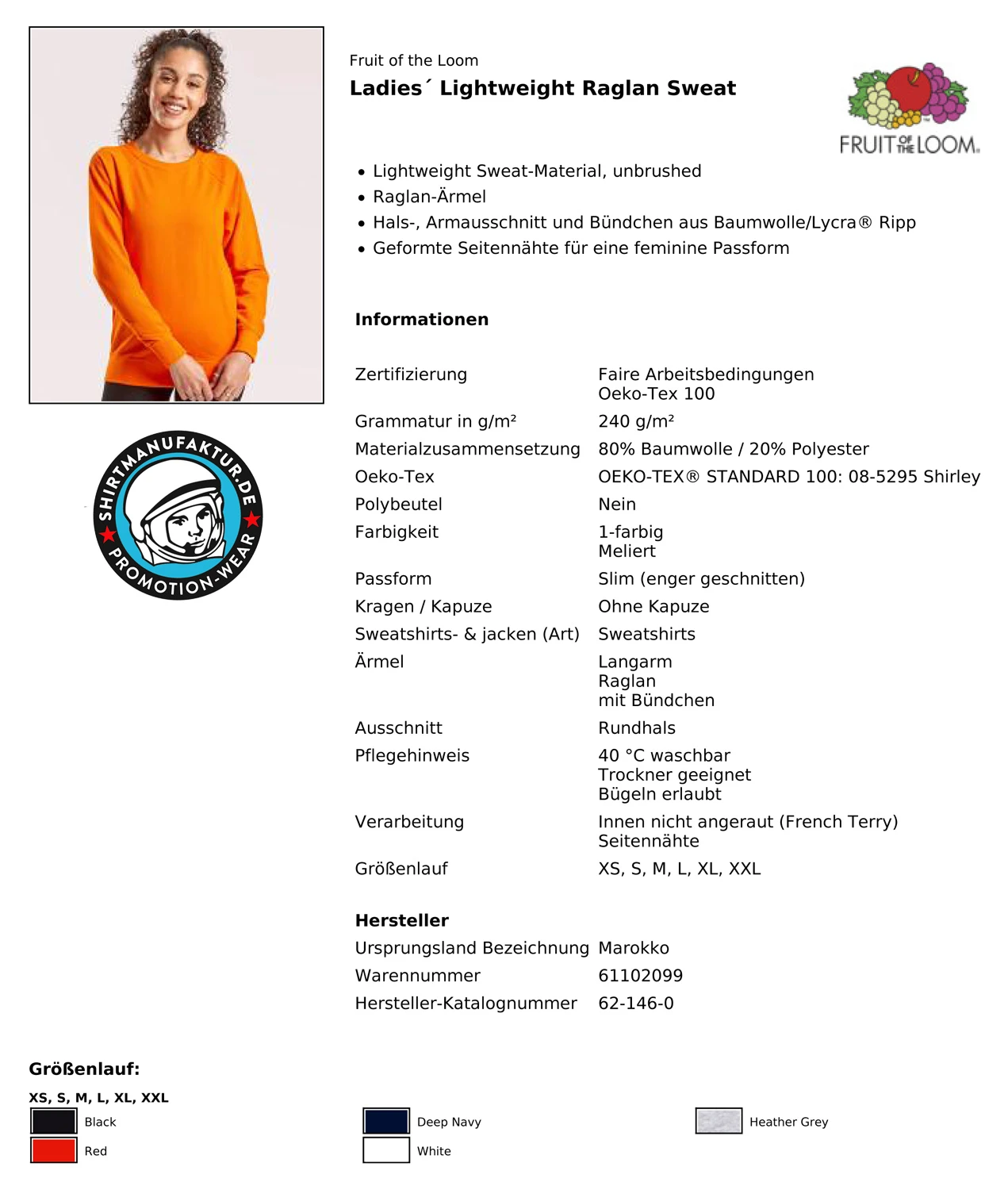 Fruit of the Loom Ladies Lightweight Raglan Sweat