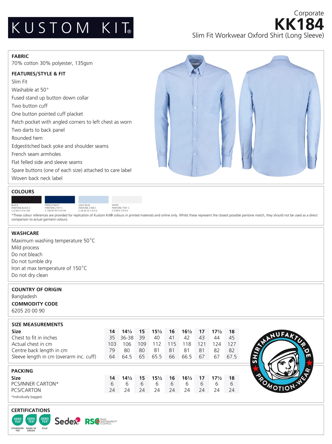Kustom Kit Slim Fit Workwear Oxford Shirt Longsleeve