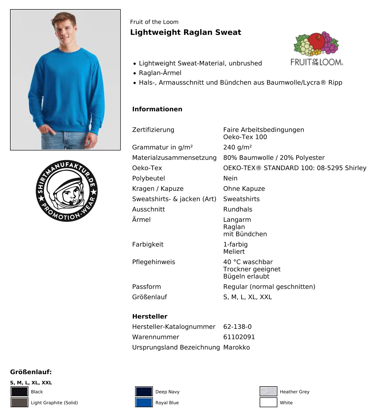 Fruit of the Loom Lightweight Raglan Sweat