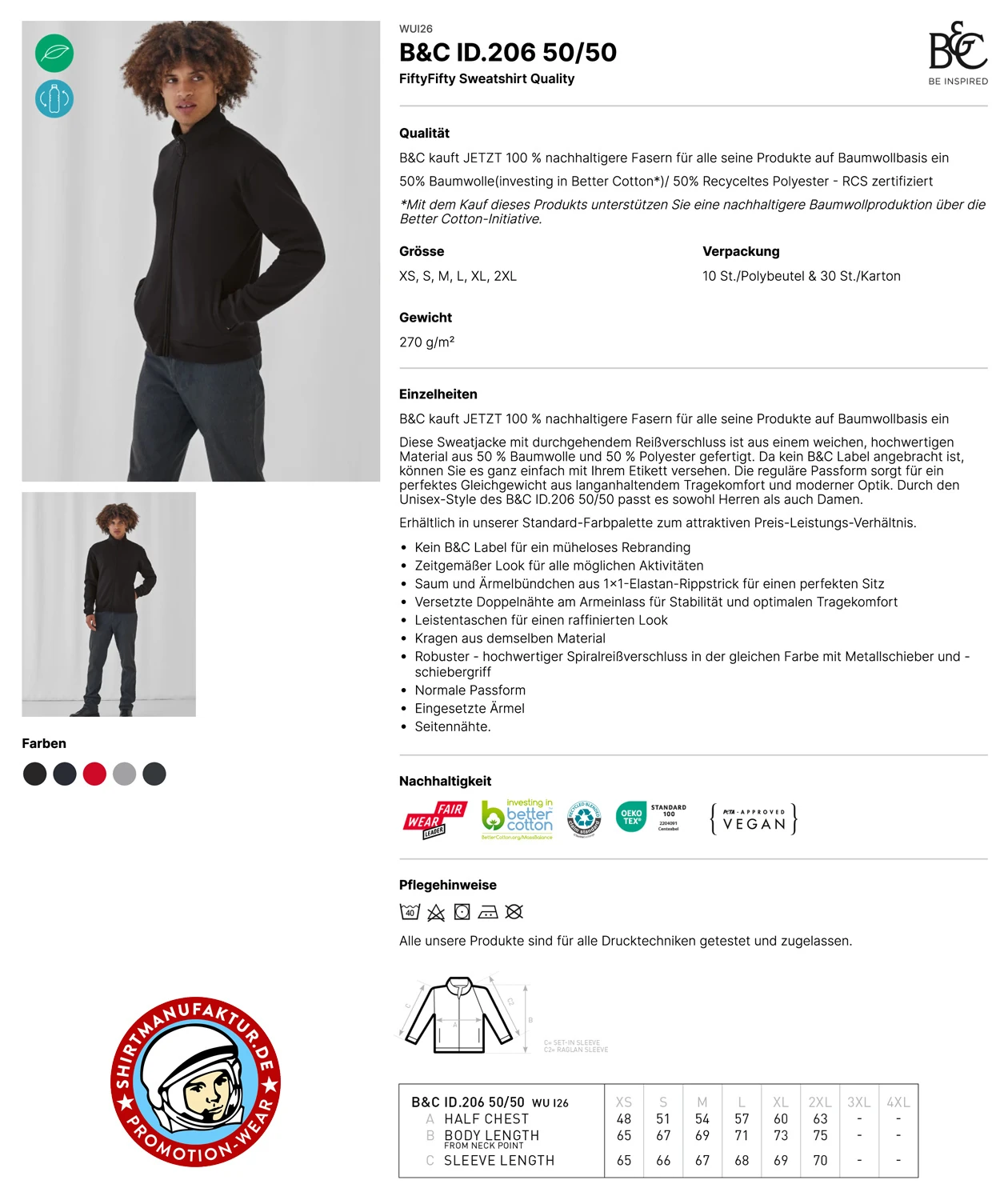 B&C ID.206 Sweat Jacket 50/50