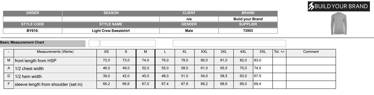 Build Your Brand, Light Sweater BY010, Size-Chart