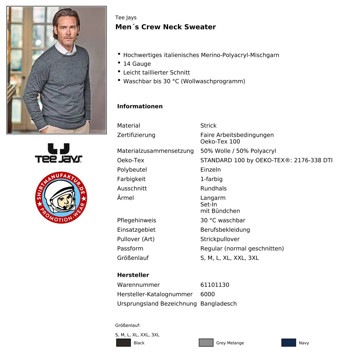 Tee Jays Mens Crew Neck Sweater