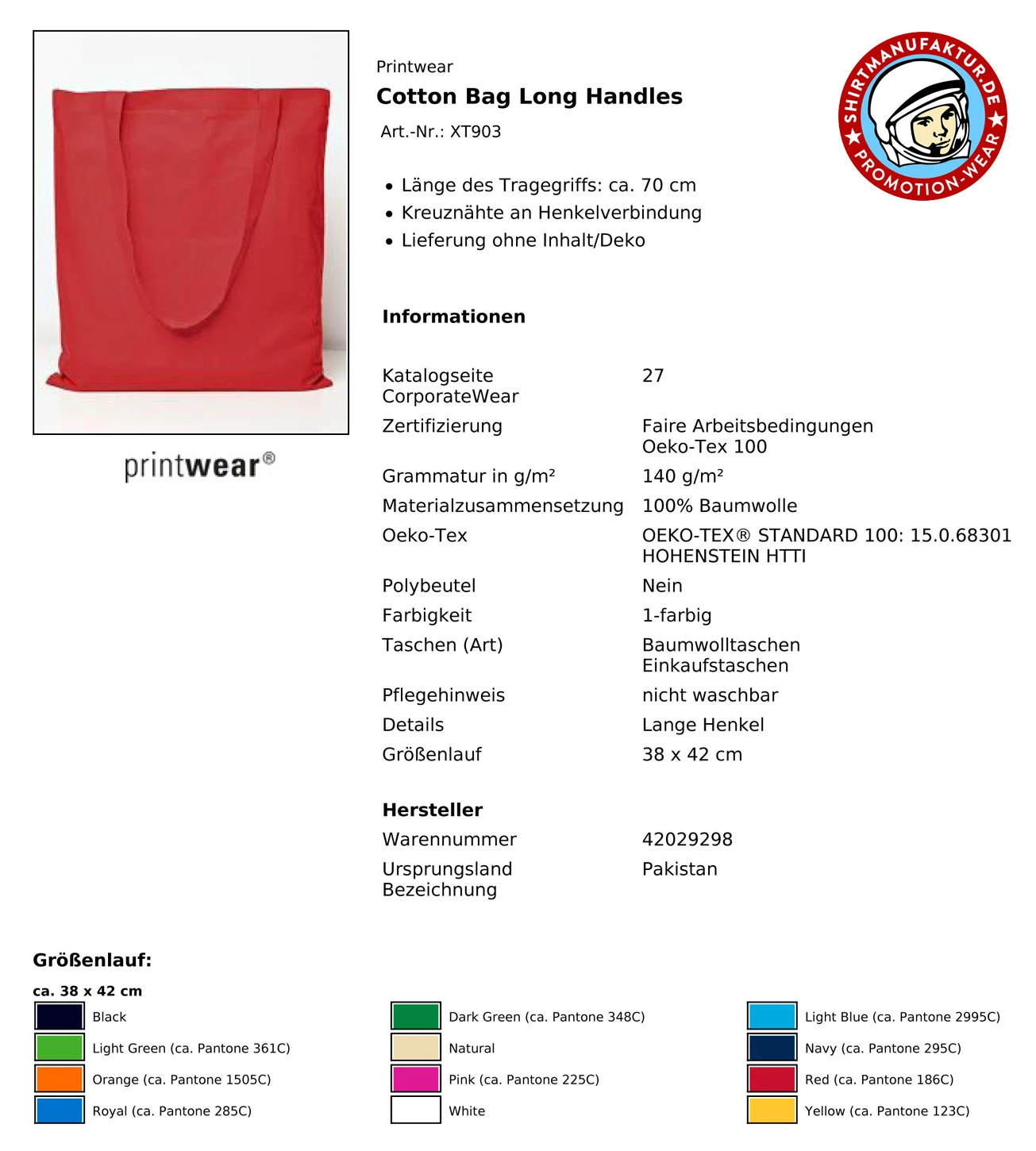 Printwear Cotton Bag Long Handles