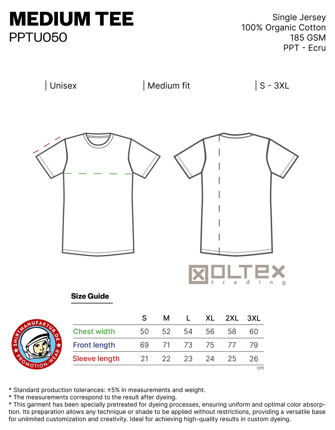 Größentabelle Oltex medium t-shirt PPTU050