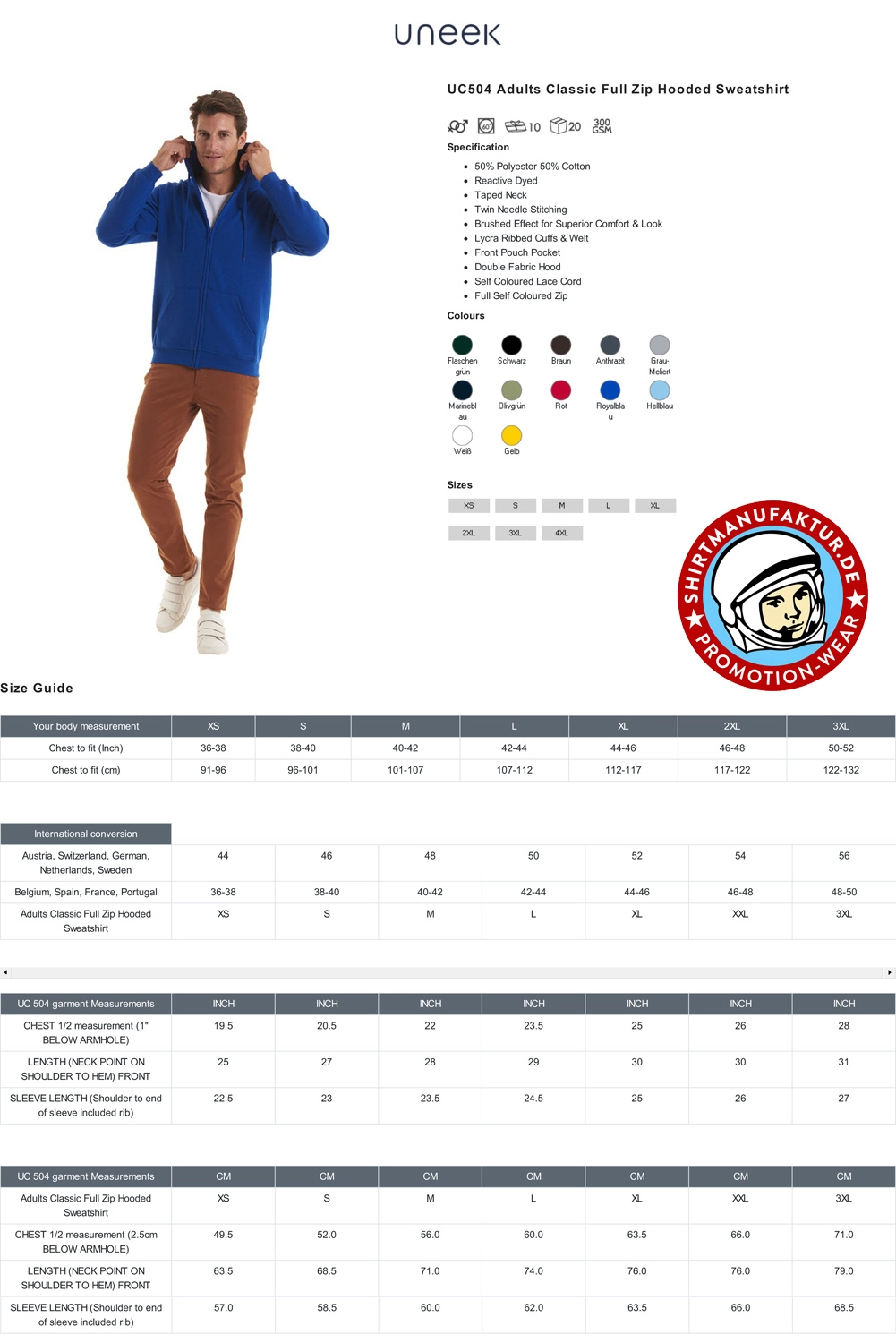 Uneek Classic Full Zip Hooded Sweatshirt