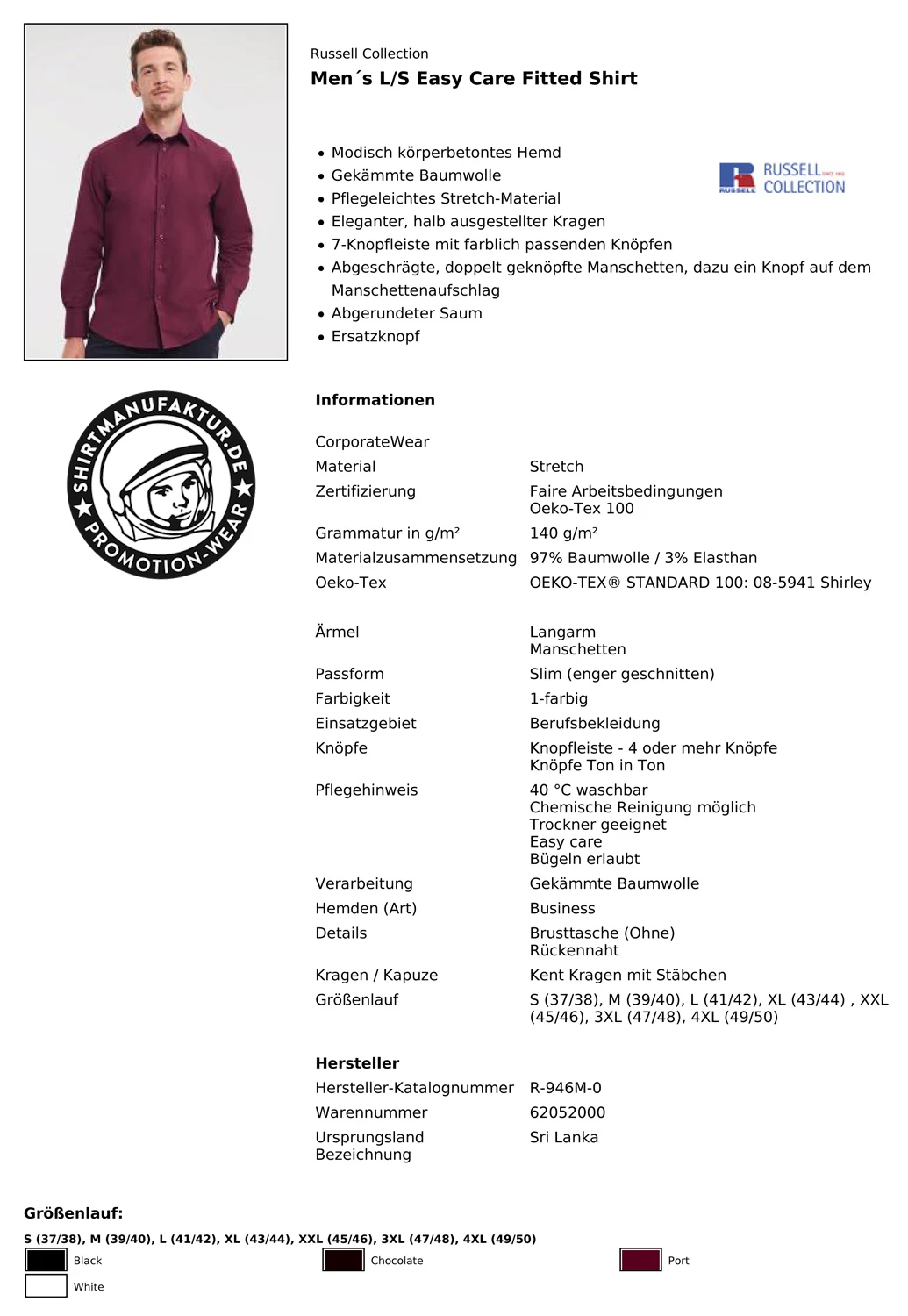 Russell Mens Longsleeve Fitted Shirt