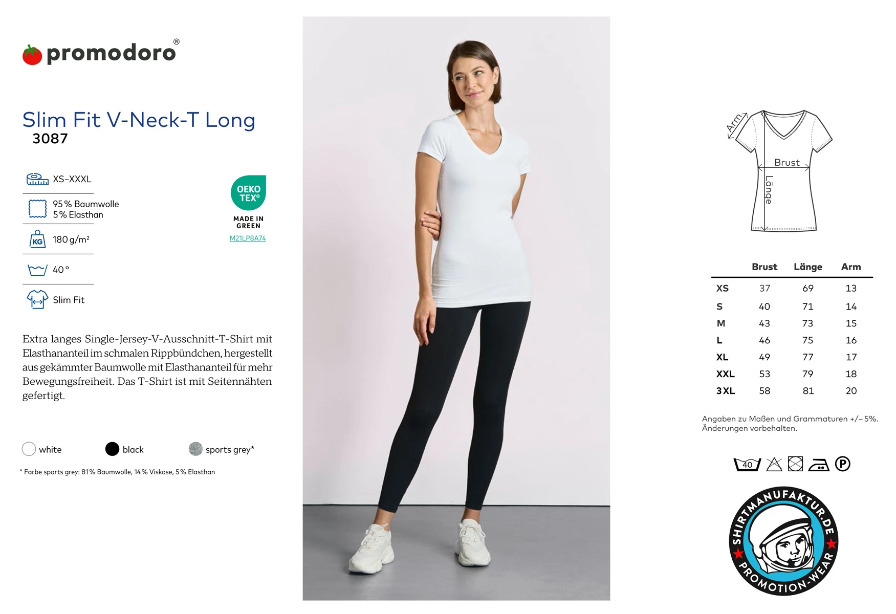 Promodoro Womens Slim Fit V-Neck-T Long