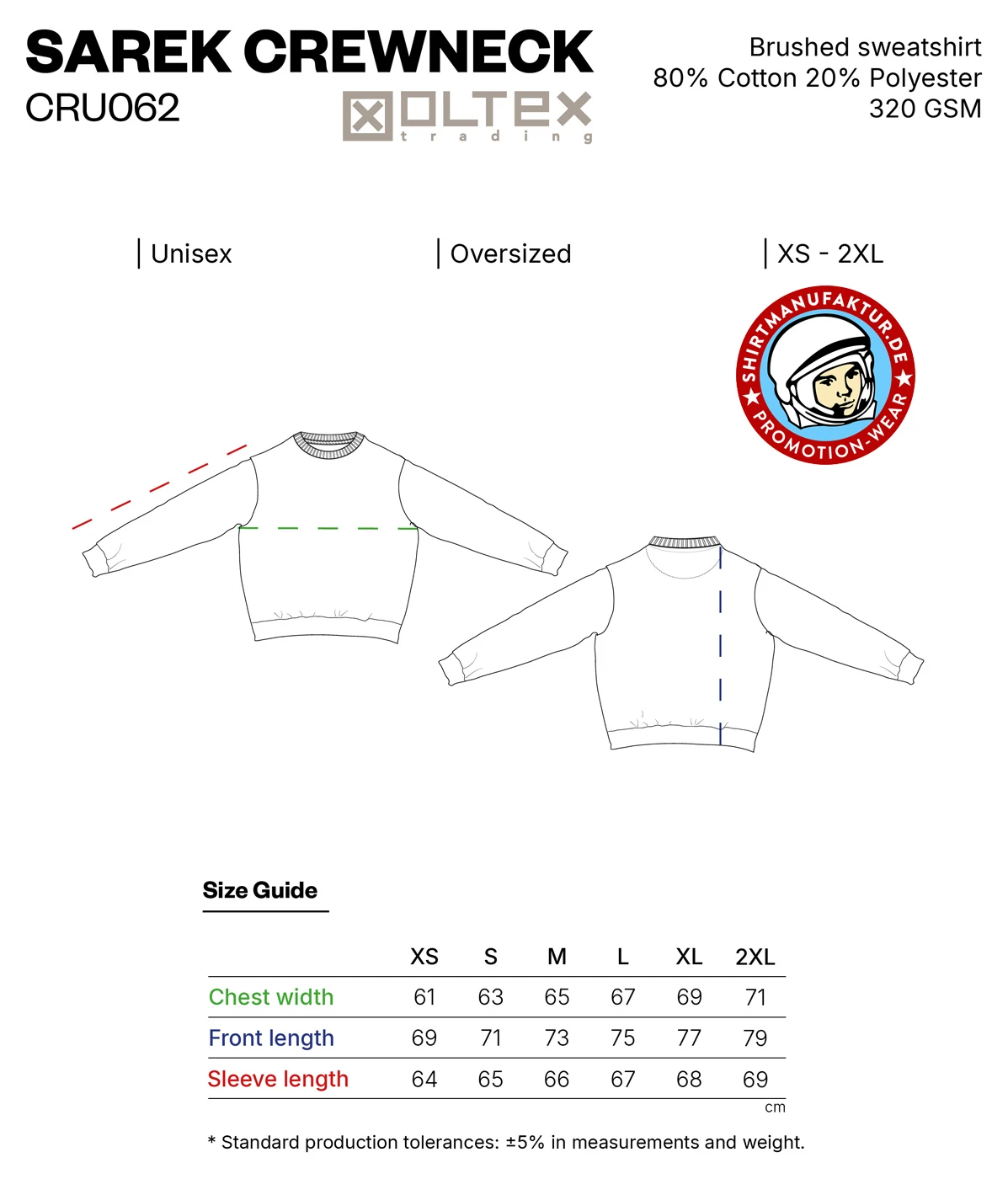 grössentabelle für das Oltex Crewneck Sweatshirt CRU062