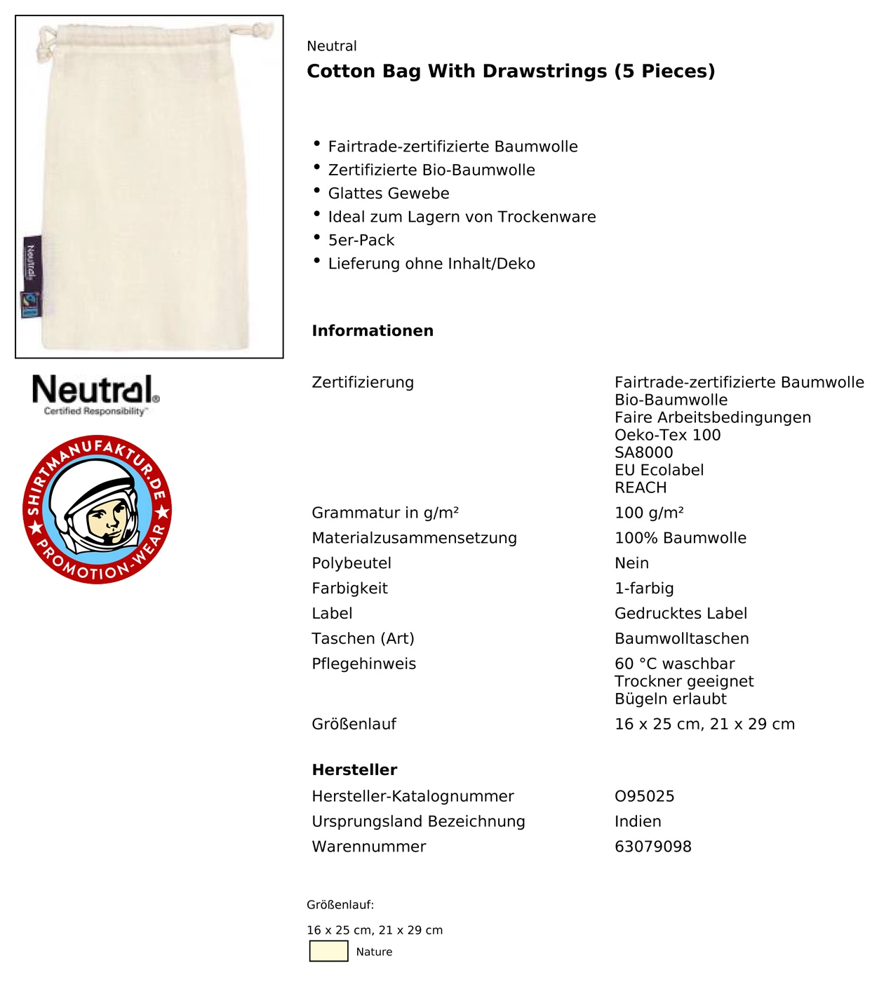 Neutral Cotton Bag With Drawstrings