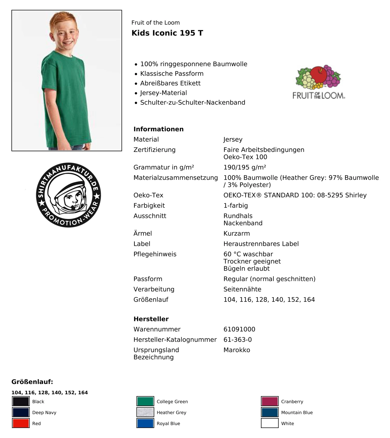 Fruit of the Loom Kids Iconic 195 T