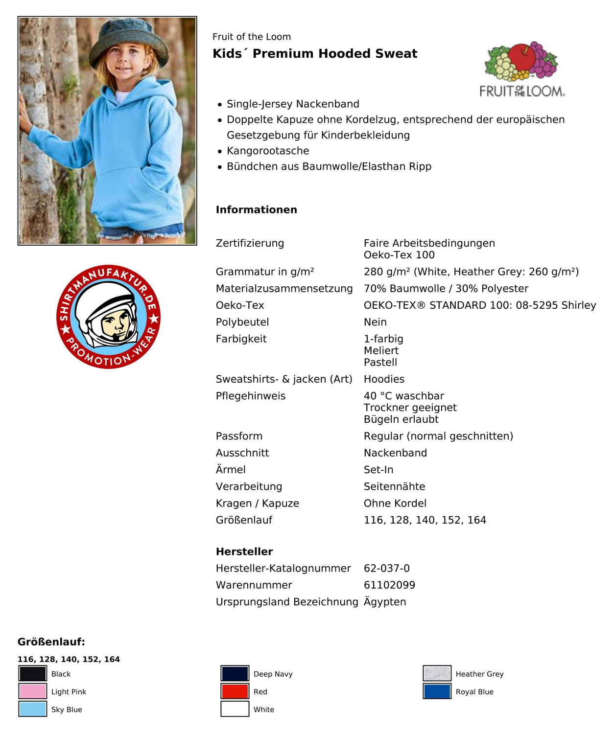 Fruit of the Loom Kids Premium Hooded Sweat